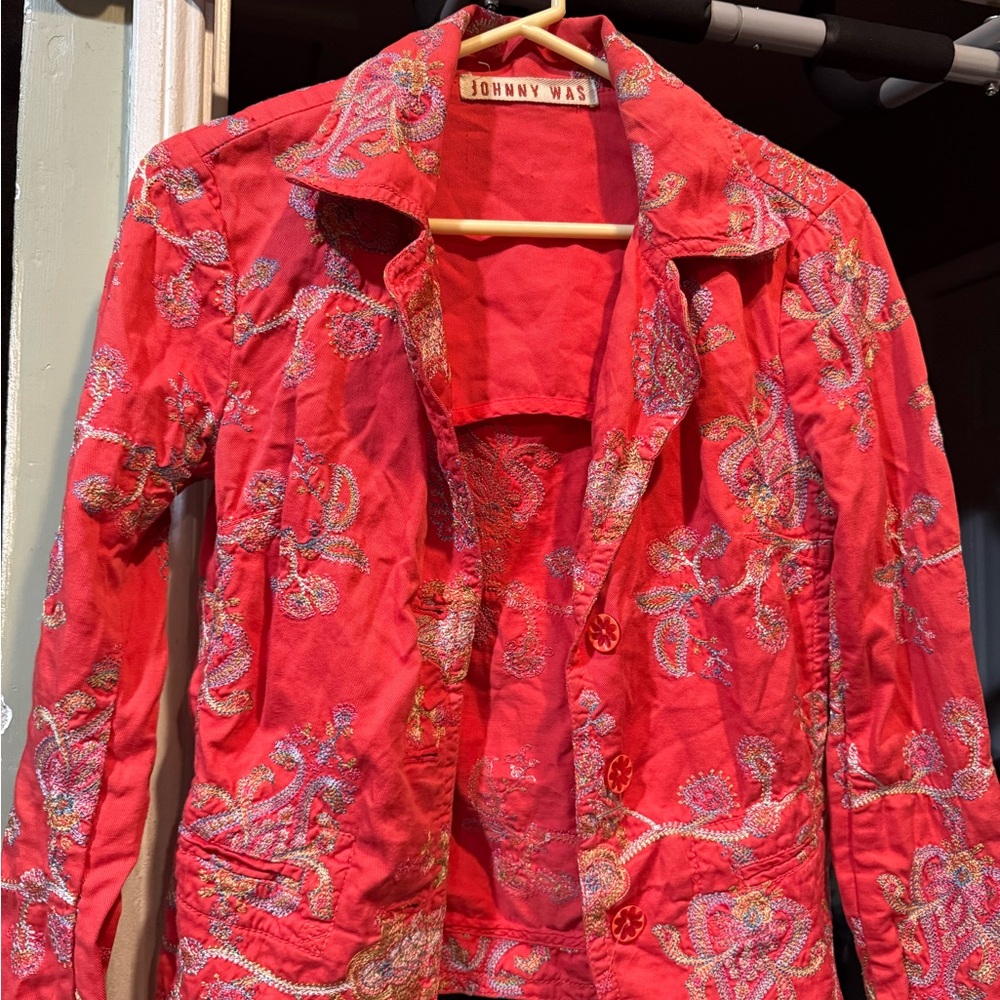 Johnny Was Vibrant Red Embroidered Blazer
